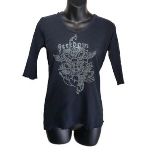 Vintage Freedom Hooded Tshirt Y2K 90s Rock Grunge Retro Rhinestone Biker Women L